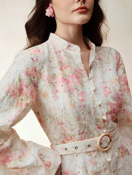 Bruna Midi Dress - Notched Neckline - Bishop Sleeve - High Waist - A Line - Floral Print