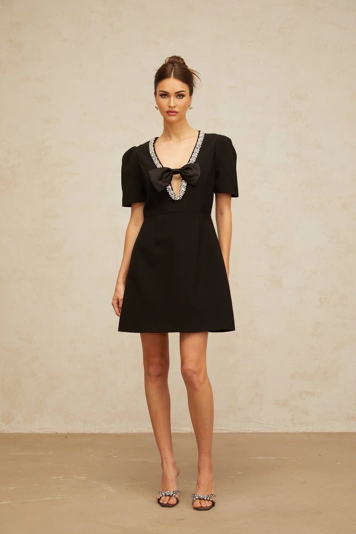 Bruna Mini Dress Black Crystal Bow Accents A - Line Thigh - Length Zip Fastening