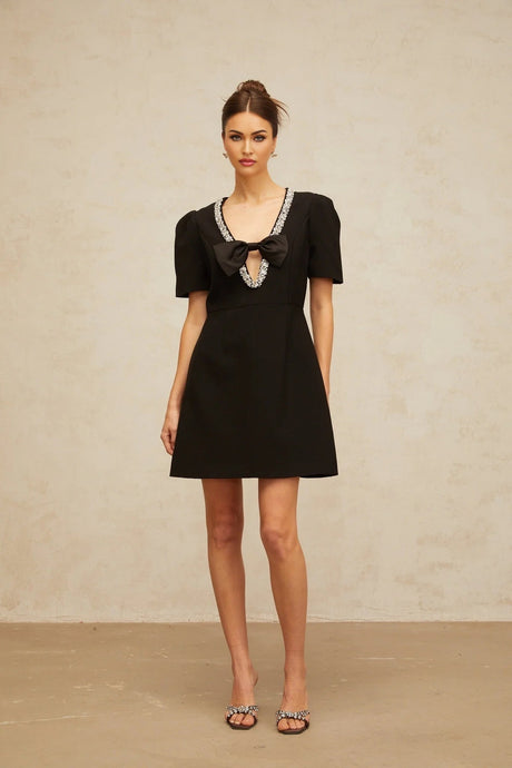 Bruna Mini Dress Black Crystal Bow Accents A - Line Thigh - Length Zip Fastening