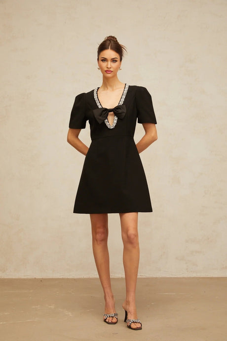 Bruna Mini Dress Black Crystal Bow Accents A - Line Thigh - Length Zip Fastening