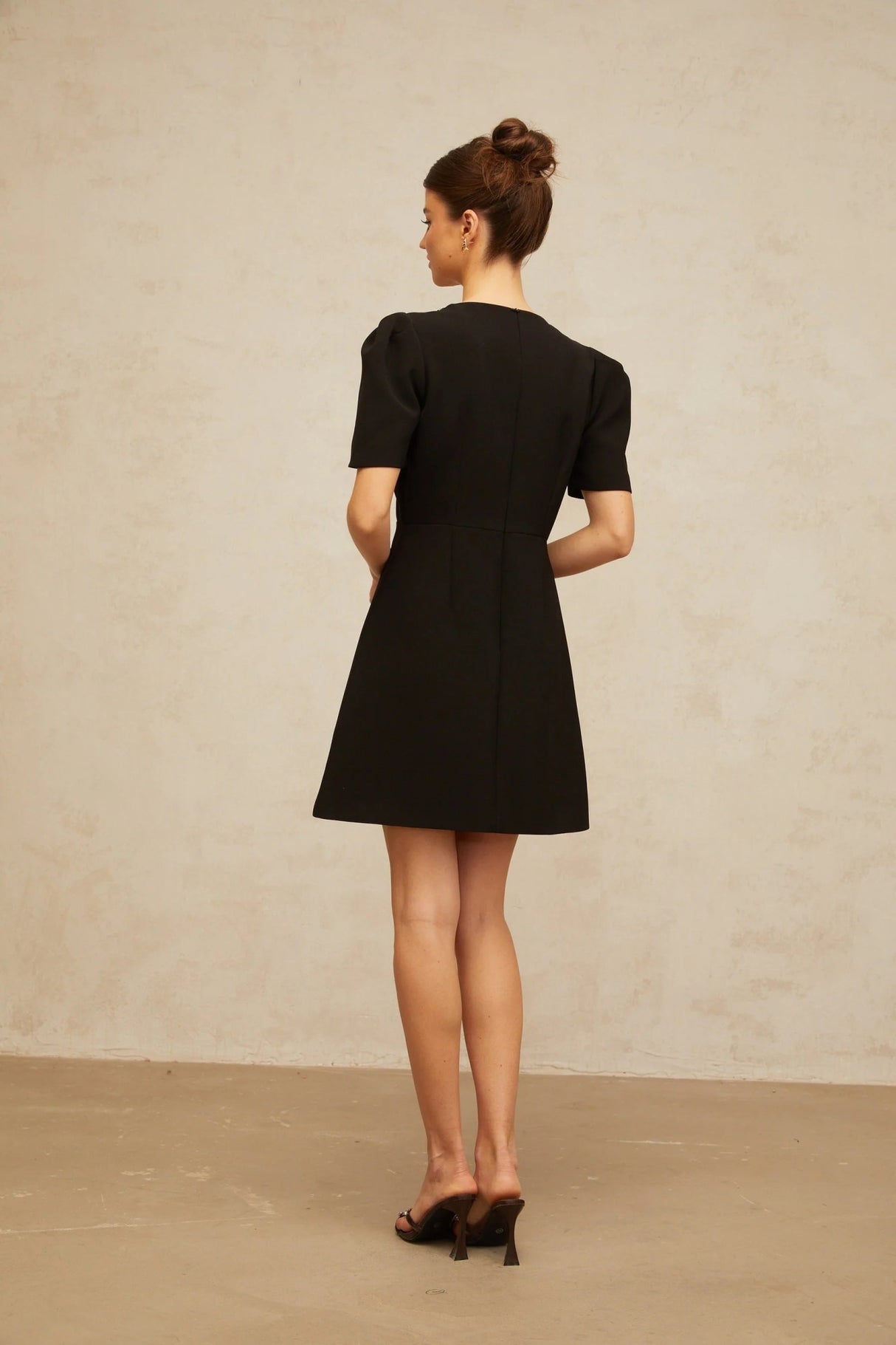 Bruna Mini Dress Black Crystal Bow Accents A - Line Thigh - Length Zip Fastening