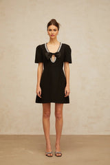 Bruna Mini Dress Black Crystal Bow Accents A - Line Thigh - Length Zip Fastening