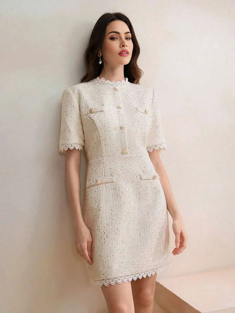 This elegant, cream-colored dress features a chic, fitted design with delicate lace trim and short sleeves, perfect for a.