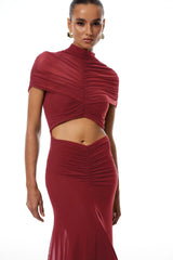 Bruna Red CutOut Ruched Mesh Maxi Dress