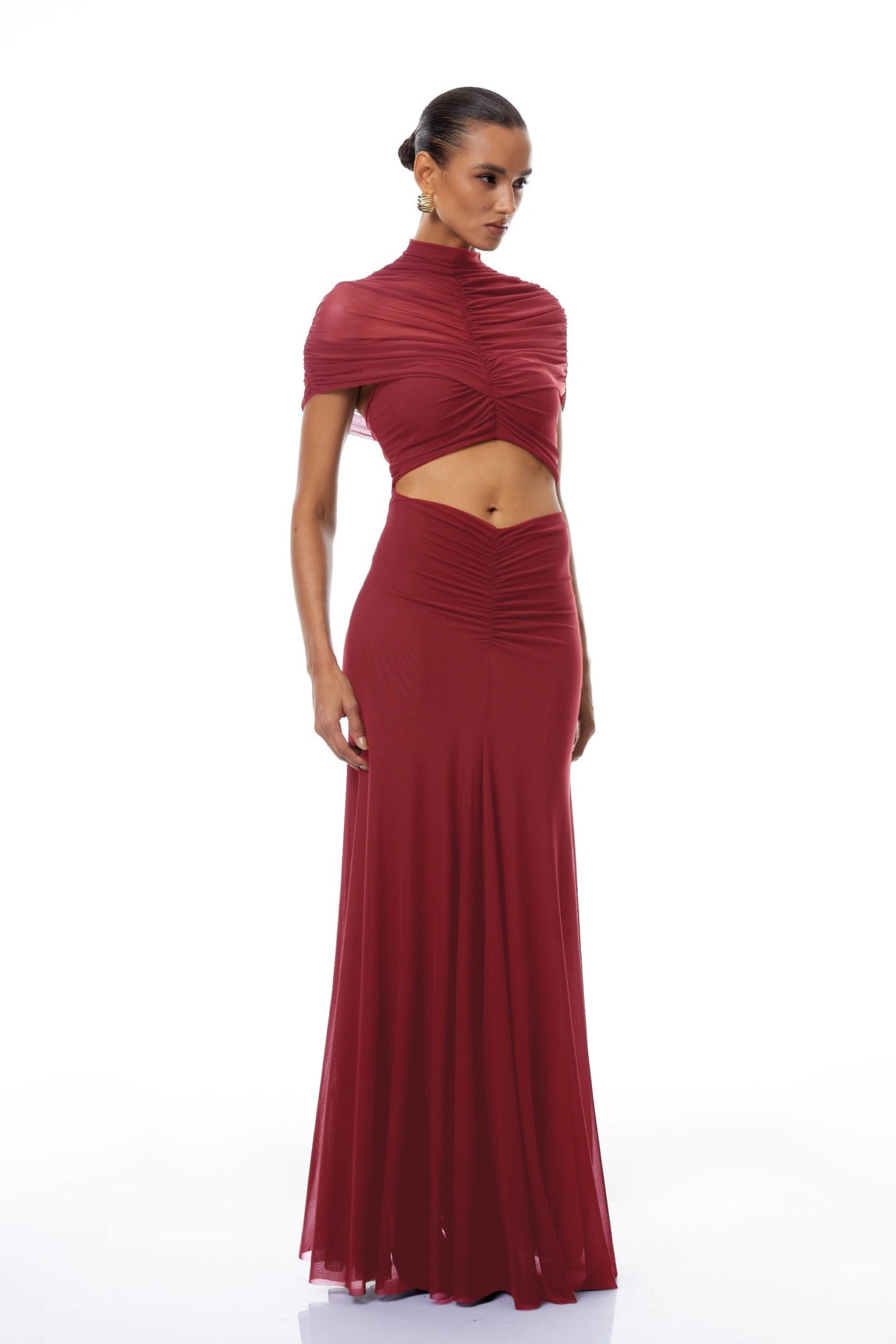 Bruna Red CutOut Ruched Mesh Maxi Dress