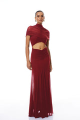 Bruna Red CutOut Ruched Mesh Maxi Dress
