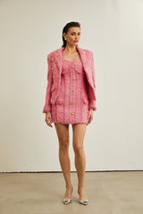 Bruna Tweed Jacket – Open Front – Metallic Thread – Frayed Edges – Gold Buttons