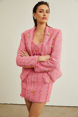 Bruna Tweed Jacket – Open Front – Metallic Thread – Frayed Edges – Gold Buttons