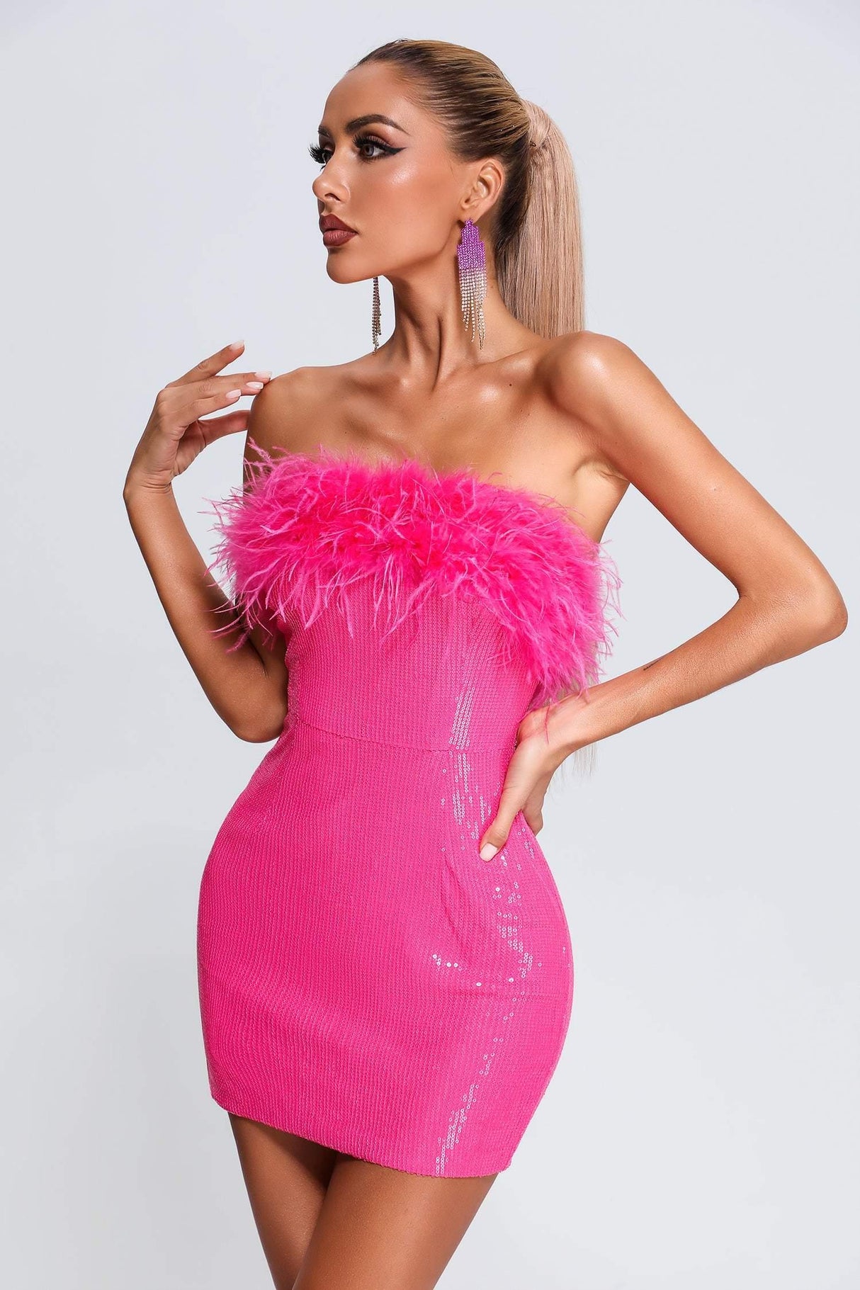Brunella Pink Sequin Feather Mini Dress