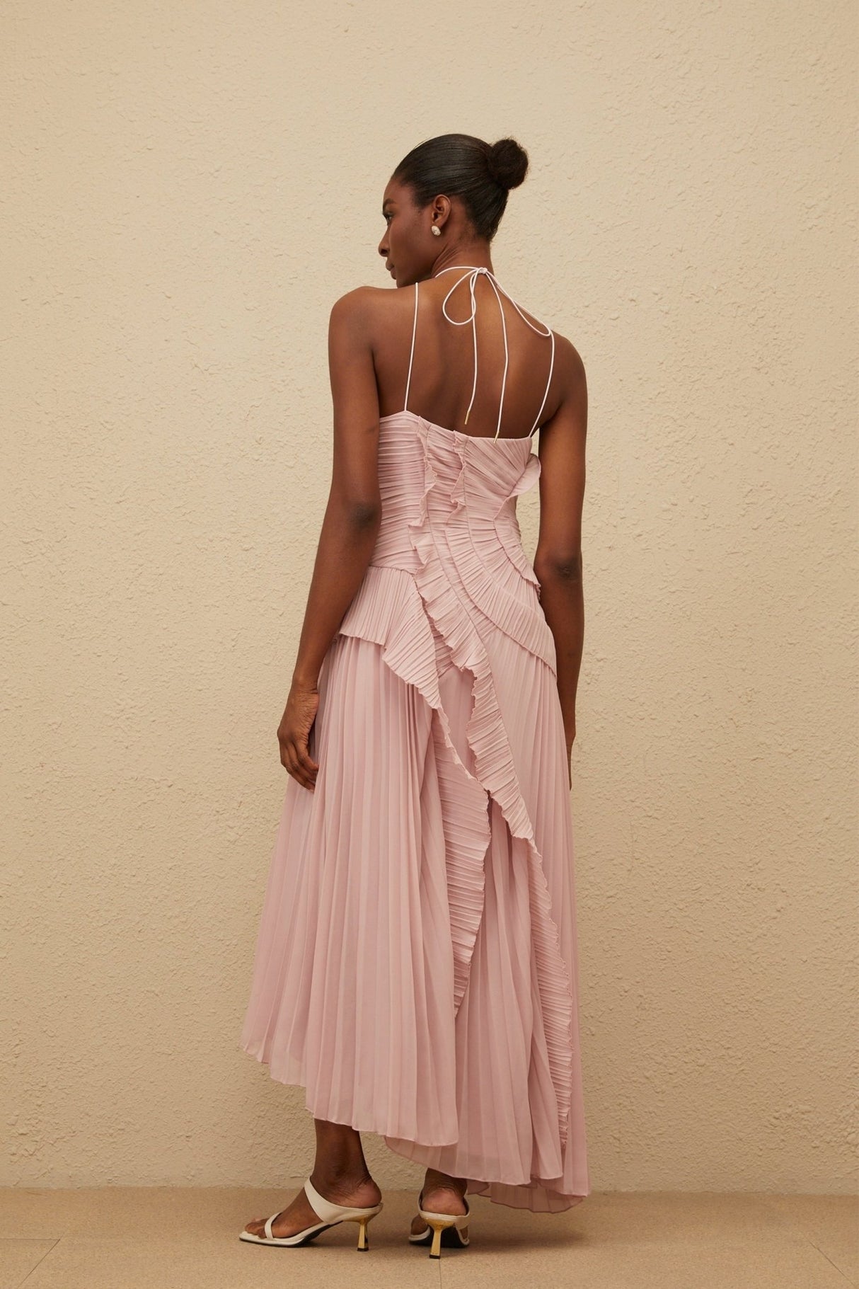 Brynn Midi Dress - Halterneck - Sleeveless - Fully - Pleated - Ruffled Trim - Asymmetrical Design