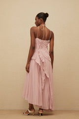 Brynn Midi Dress - Halterneck - Sleeveless - Fully - Pleated - Ruffled Trim - Asymmetrical Design