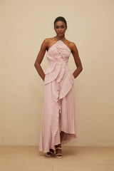 Brynn Midi Dress - Halterneck - Sleeveless - Fully - Pleated - Ruffled Trim - Asymmetrical Design