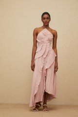 Brynn Midi Dress - Halterneck - Sleeveless - Fully - Pleated - Ruffled Trim - Asymmetrical Design