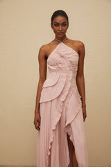 Brynn Midi Dress - Halterneck - Sleeveless - Fully - Pleated - Ruffled Trim - Asymmetrical Design