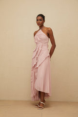 Brynn Midi Dress - Halterneck - Sleeveless - Fully - Pleated - Ruffled Trim - Asymmetrical Design