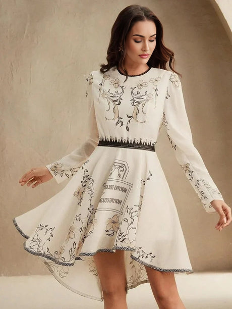 Embrace elegance with this cream long-sleeve dress adorned with delicate floral embroidery, highlighting a fitted bodice.