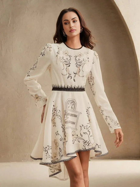 This elegant ivory dress features intricate floral embroidery in earthy tones, creating a charming contrast against the soft.