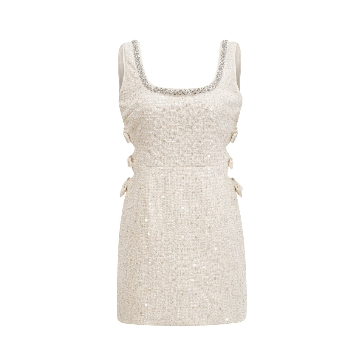 Brynn Mini Dress - Sleeveless with Sequin Detailing - Cut - Out Design - Crystal Embellishments - Bow Accent