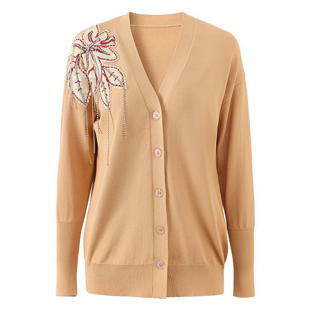 Brynn V - Neck Cardigan with Floral Embroidery and Beaded Accents
