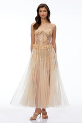 Bryony Champagne Floral Lace Mesh Maxi Dress