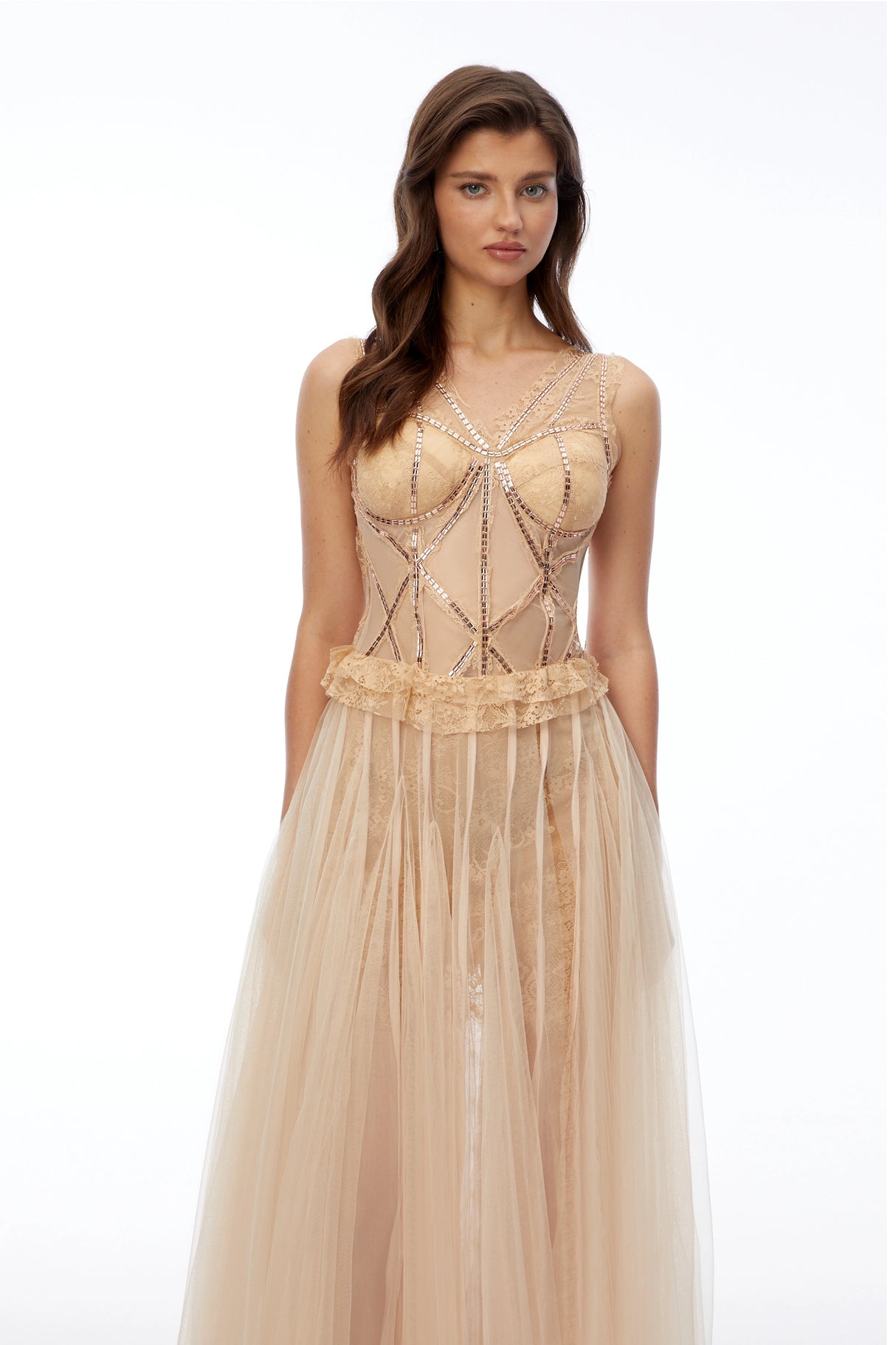 Bryony Champagne Floral Lace Mesh Maxi Dress