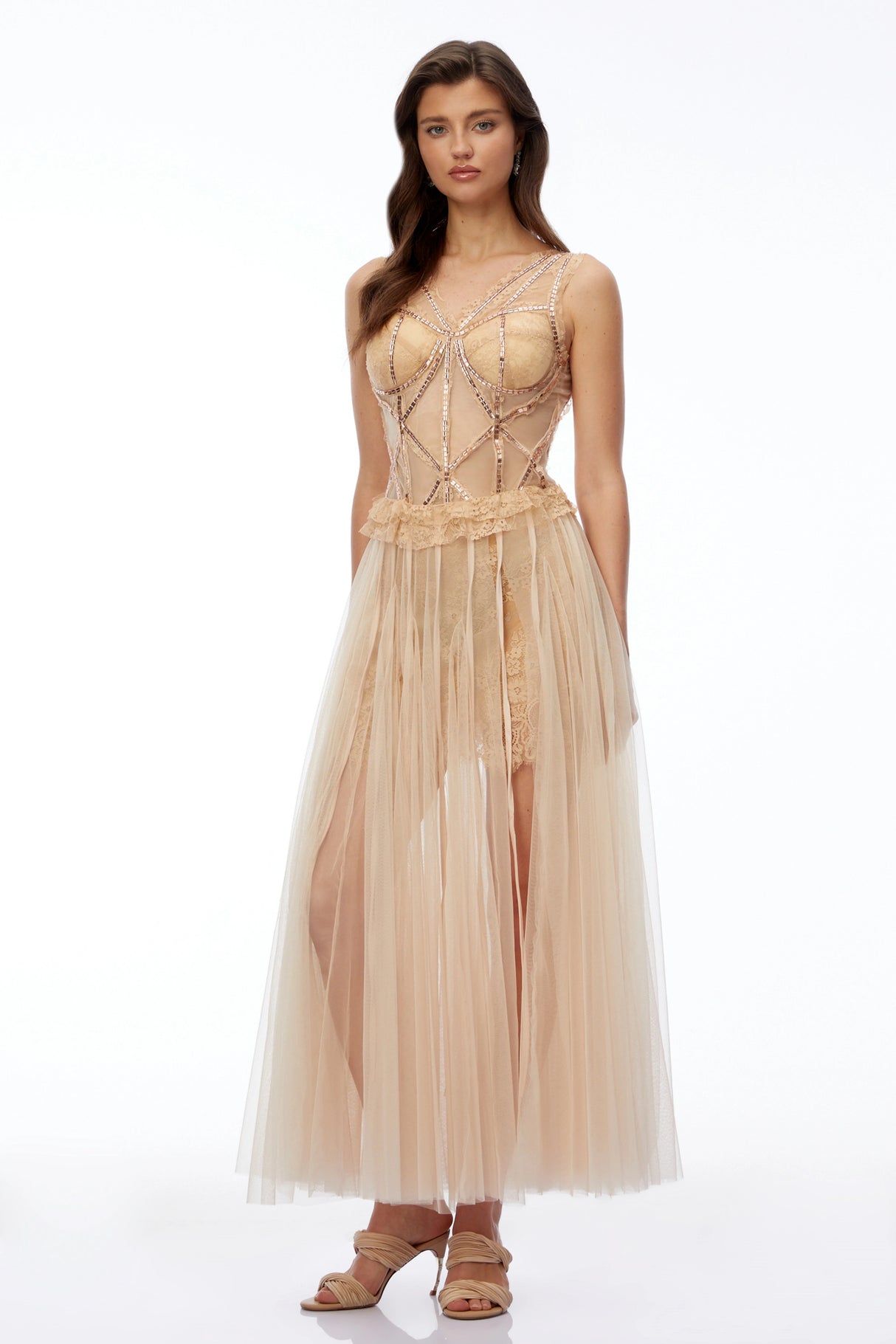 Bryony Champagne Floral Lace Mesh Maxi Dress