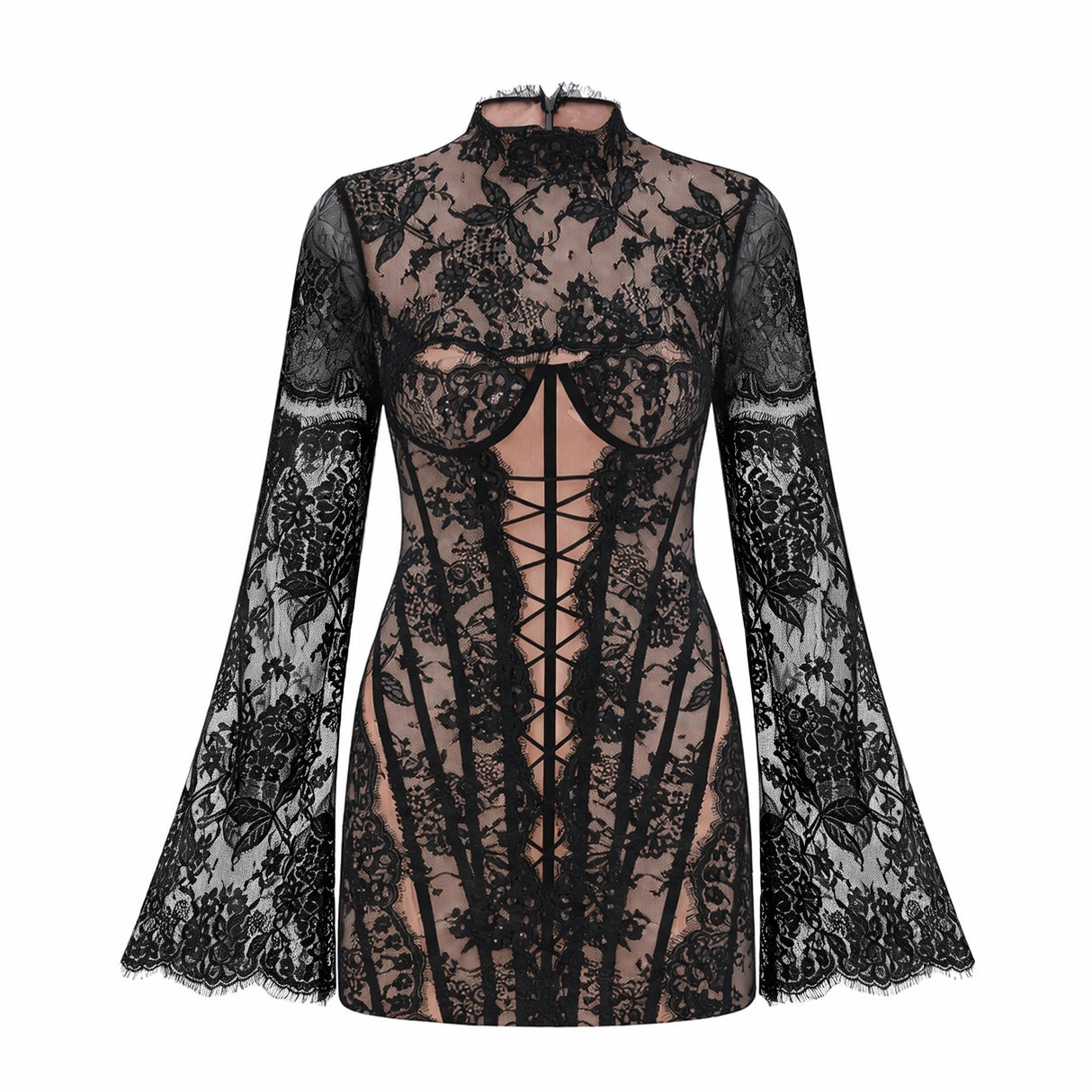 Bulelwa Black SemiSheer Floral Lace Mini Dress