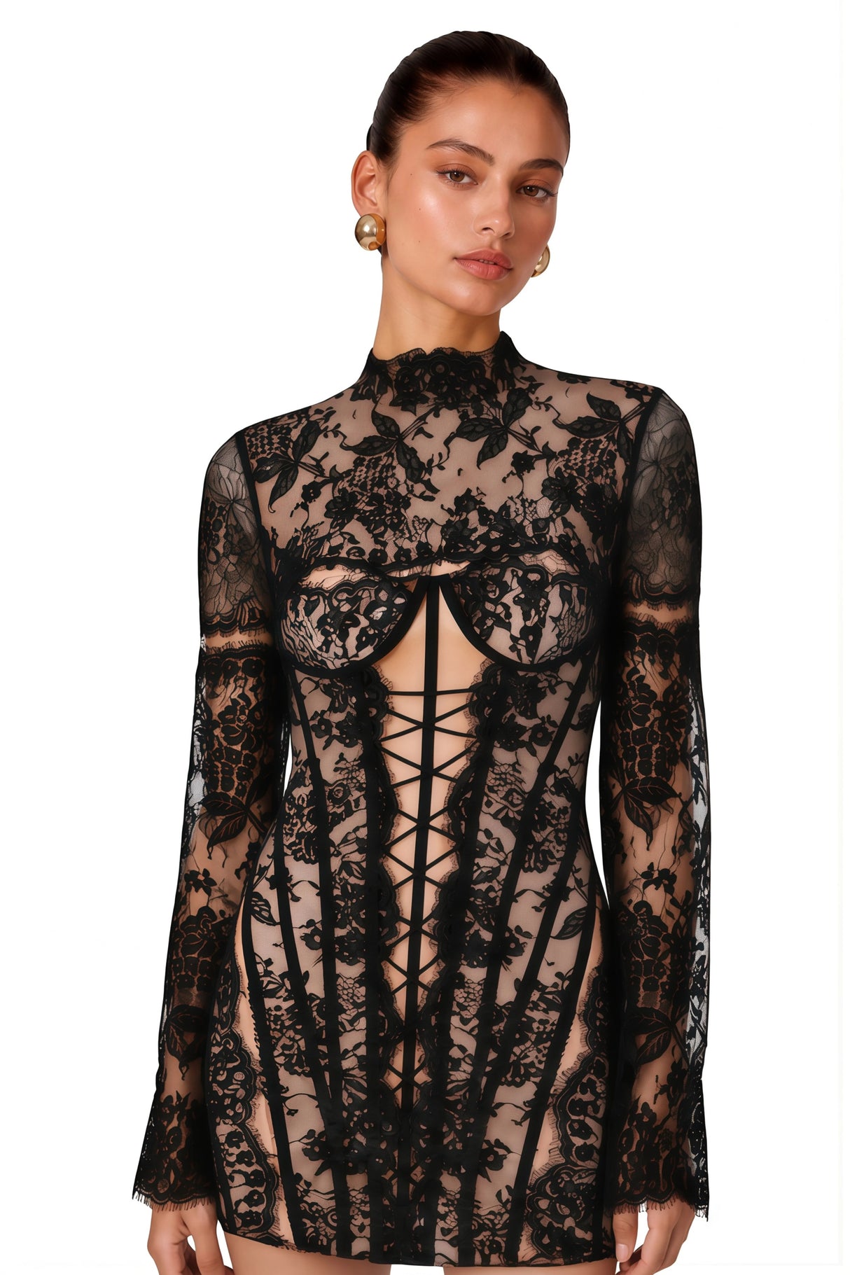 Bulelwa Black SemiSheer Floral Lace Mini Dress