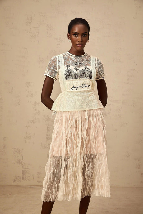 Caitlin Midi Dress Floral Embroidered Calf - Length White