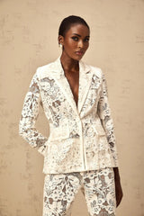 Caitlyn Blazer & Trousers Set White Sequined Flower - Embroidered