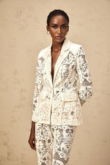 Caitlyn Blazer & Trousers Set White Sequined Flower - Embroidered