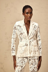 Caitlyn Blazer & Trousers Set White Sequined Flower - Embroidered