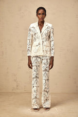 Caitlyn Blazer & Trousers Set White Sequined Flower - Embroidered