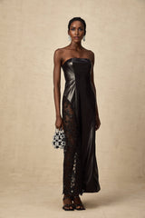 Caitlyn Maxi Dress - Strapless Style - Off the Shoulder Design - Floral Lace Paneling - Asymmetric Hem