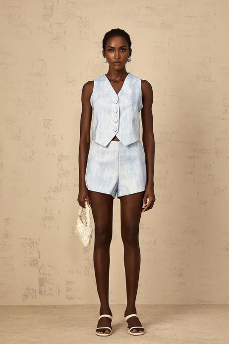 Caitlyn Top & Shorts Set with Button Detail in Blue