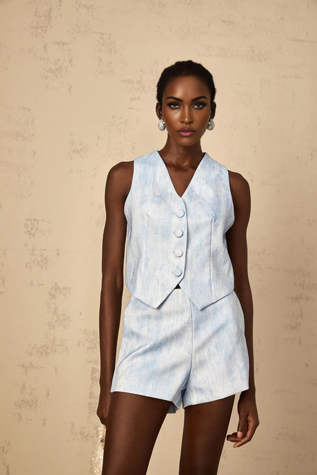Caitlyn Top & Shorts Set with Button Detail in Blue