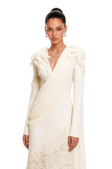 Calanthe Champagne Floral Lace Maxi Dress with Ribbon Detail