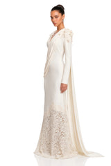 Calanthe Champagne Floral Lace Maxi Dress with Ribbon Detail