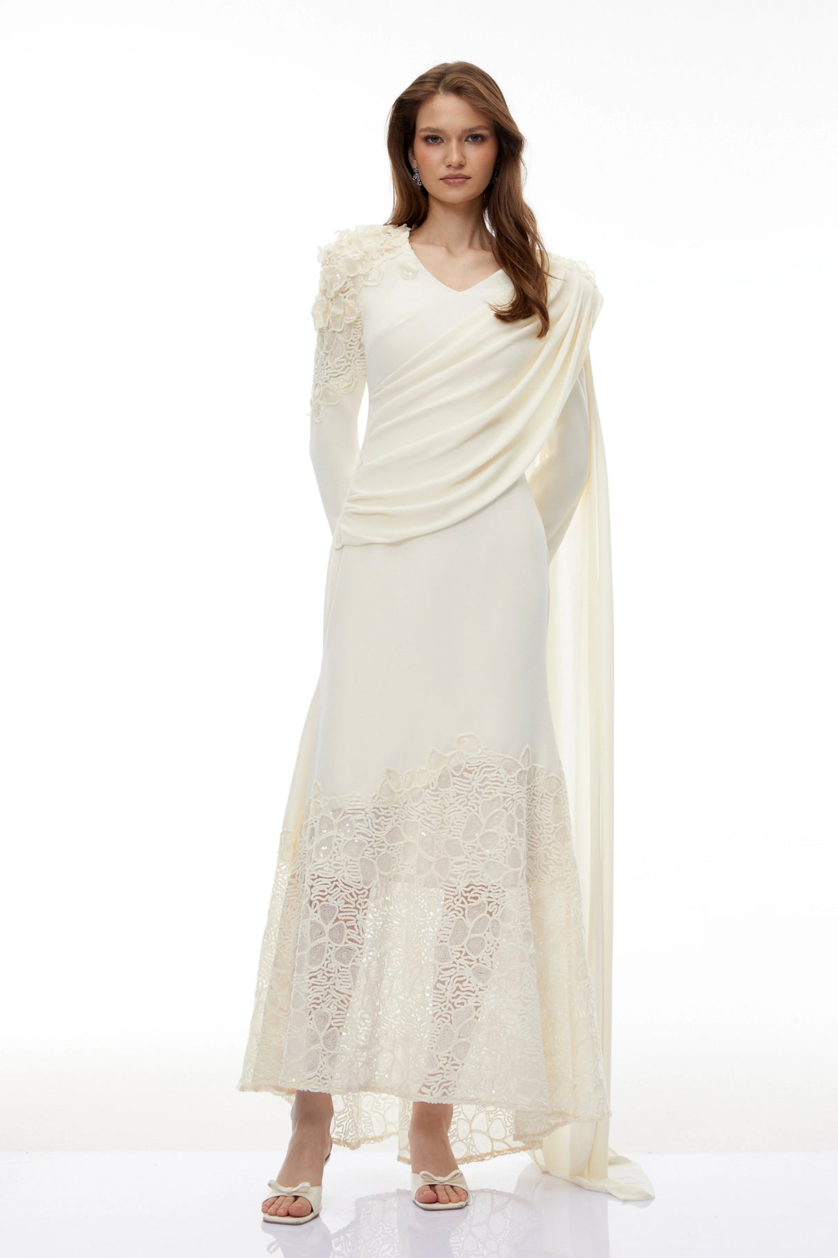 Calanthe Champagne Floral Lace Maxi Dress with Ribbon Detail