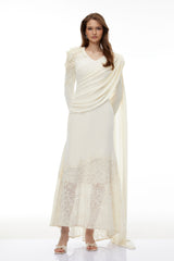 Calanthe Champagne Floral Lace Maxi Dress with Ribbon Detail