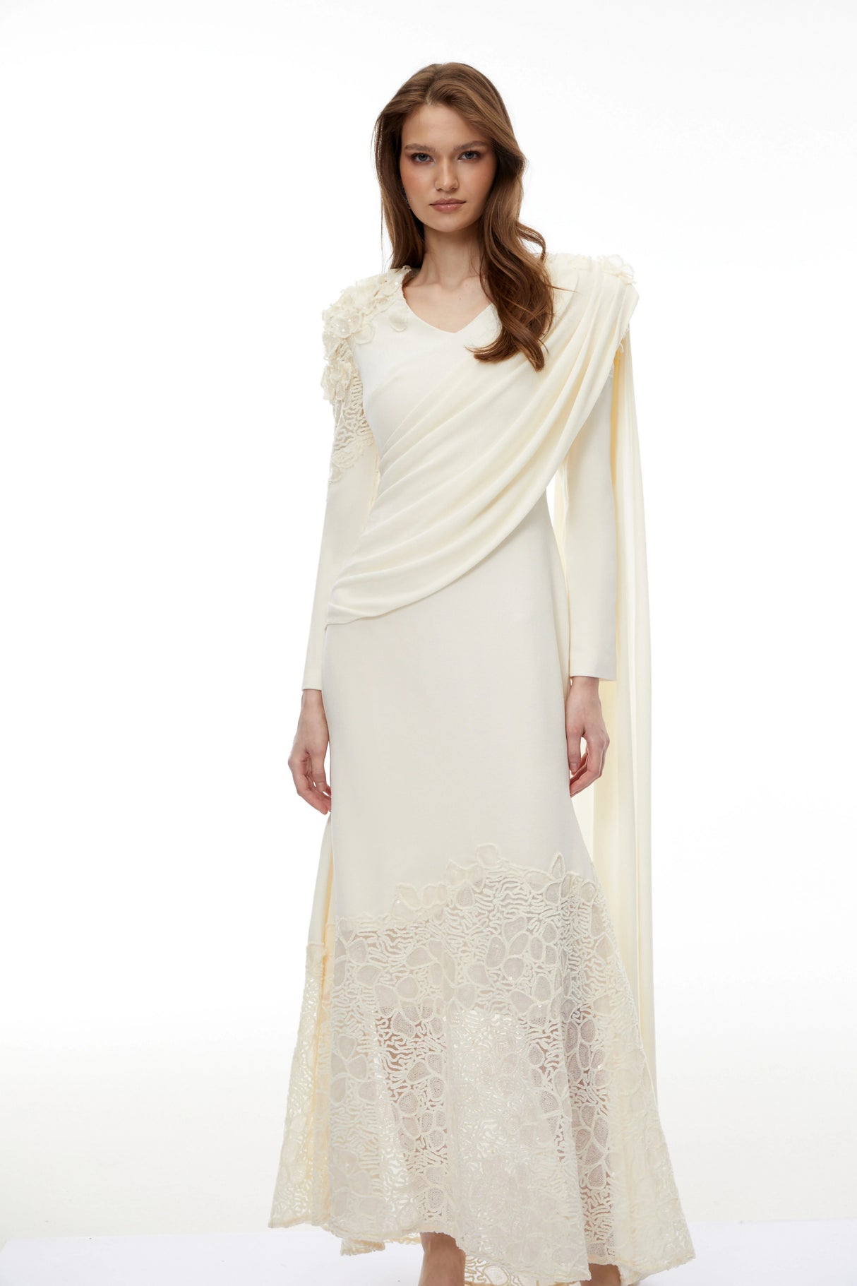 Calanthe Champagne Floral Lace Maxi Dress with Ribbon Detail