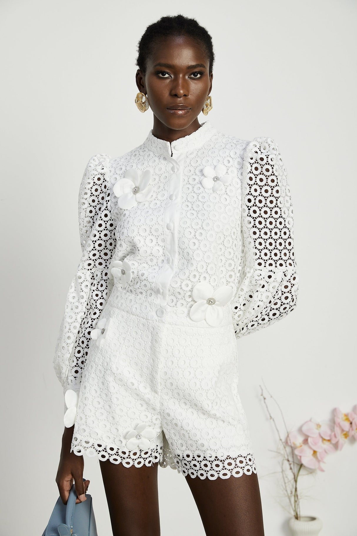 Calla fauxflower cutout blouse  shorts matching set