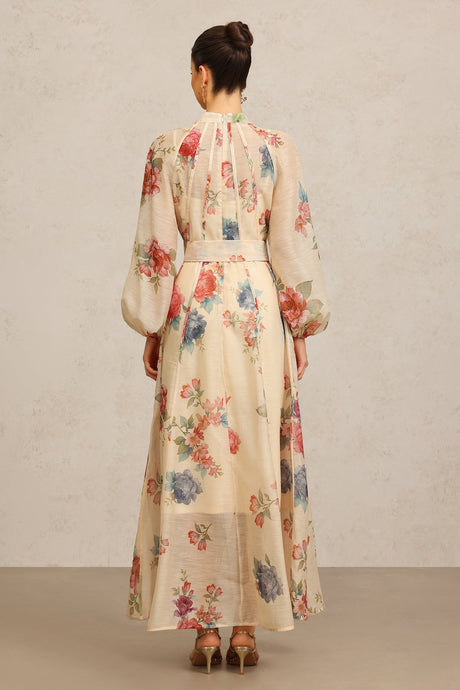 Callie Beige Floral Maxi Dress with Belt