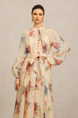 Callie Beige Floral Maxi Dress with Long Sleeves and Matching Belt
