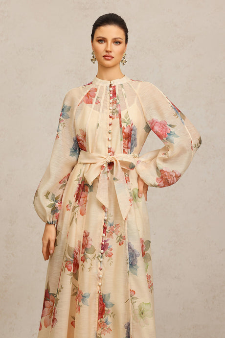 Callie Beige Floral Maxi Dress with Long Sleeves and Matching Belt