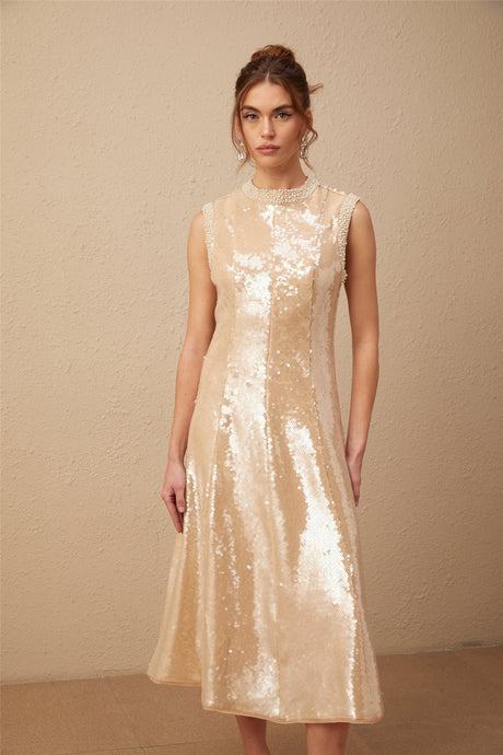 Callie Midi Dress – Crew Neck – Sequin Embellishment – Calf Length