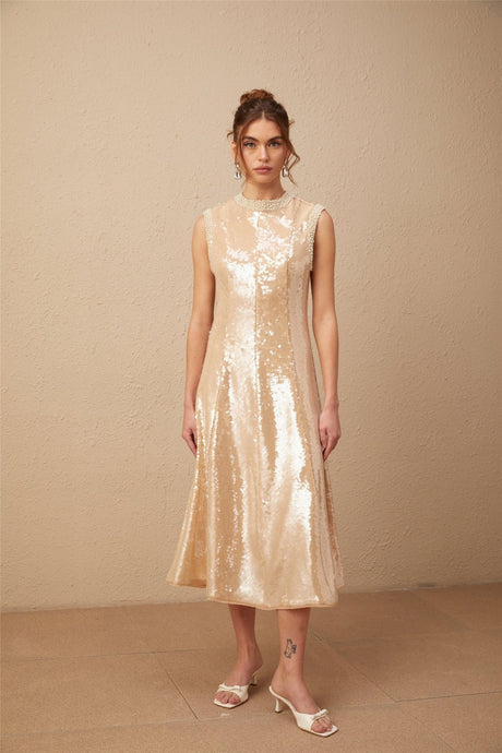 Callie Midi Dress – Crew Neck – Sequin Embellishment – Calf Length