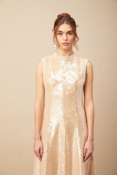 Callie Midi Dress – Crew Neck – Sequin Embellishment – Calf Length