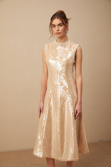 Callie Midi Dress – Crew Neck – Sequin Embellishment – Calf Length