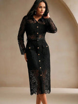Callie Midi Dress - Neckline Collar - Occasion Night Out - Elegant Style - High Waist - Long Sleeve